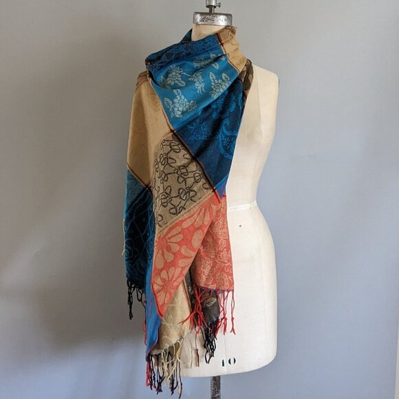Cashmere and Silk Pashmina Blue Orange Floral - Picture 1 of 7